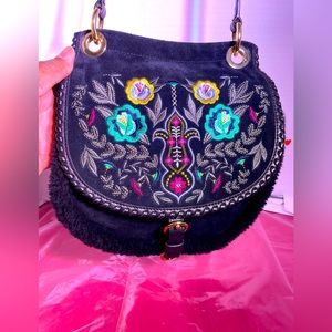 UGG Black Floral Embroidered Suede Crossbody Handbag Purse
